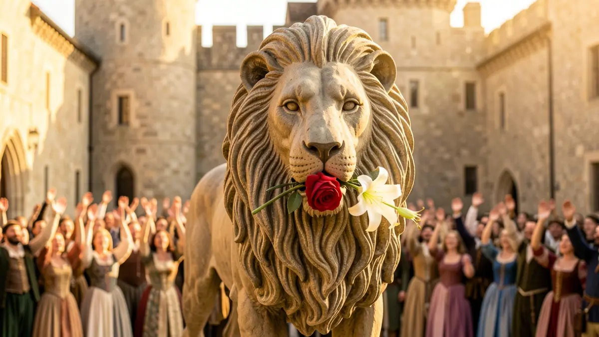 Imatge genèrica d'una figura de lleó amb melena i flors.