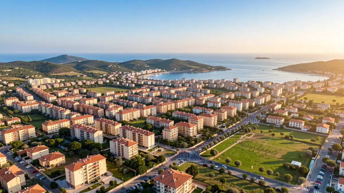 Vista aèria d'un municipi costaner mediterrani amb blocs de pisos i espais verds.