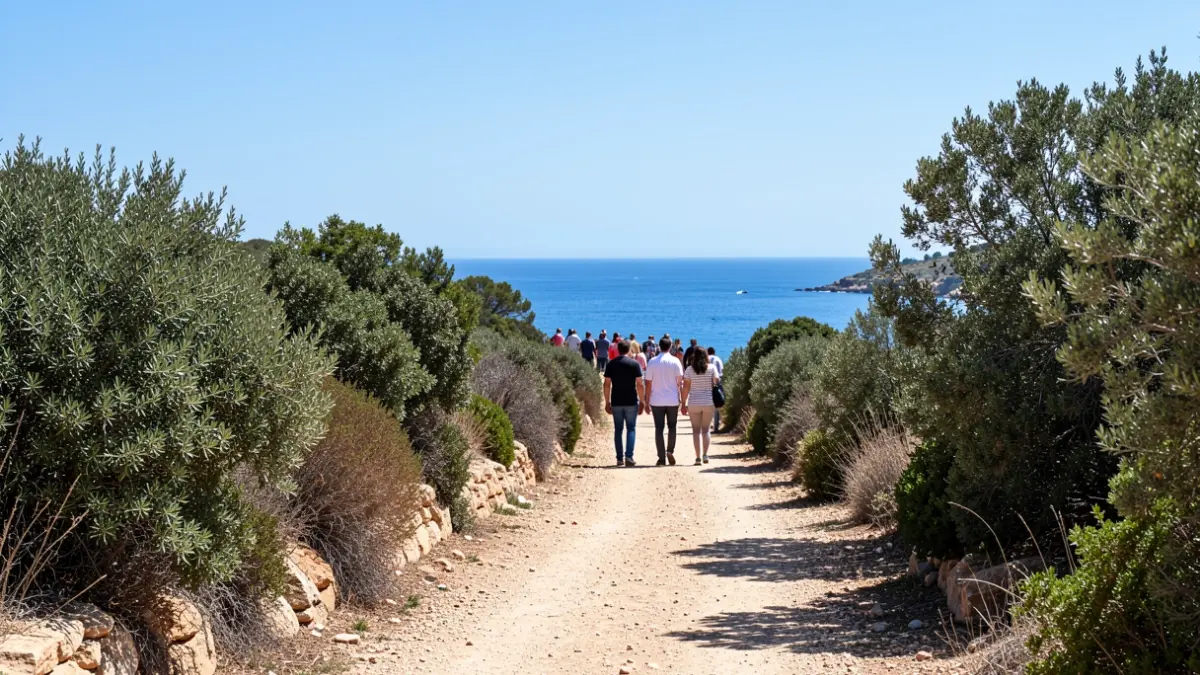 Torredembarra's Blue Path with Mediterranean vegetation and the sea in the background.