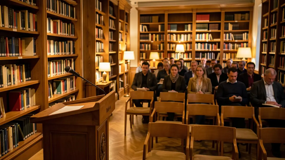 Interior de una biblioteca con estanterías de madera y un micrófono en un atril, preparado para una conferencia.