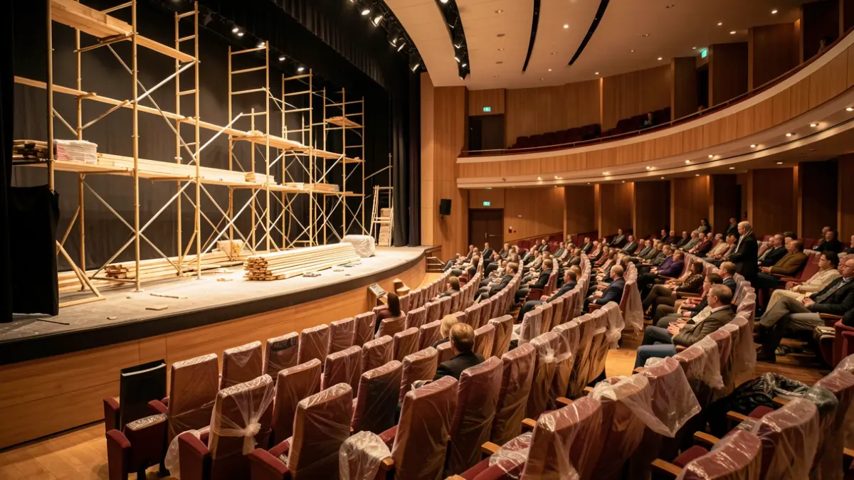 Obras de renovación en el interior de un teatro con butacas cubiertas.