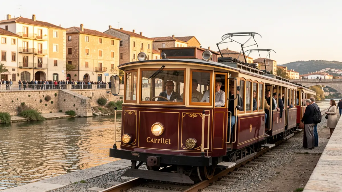 Electric tourist train in Tortosa, next to the Ebro River.