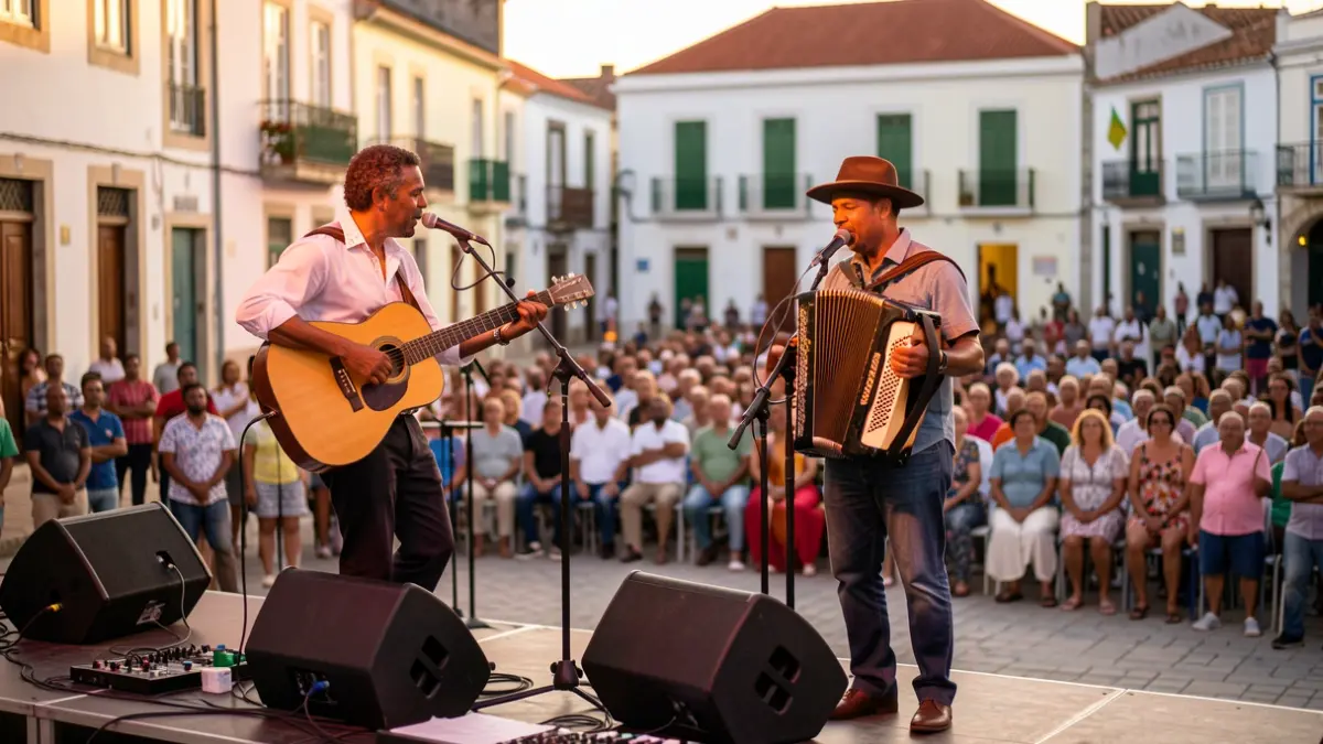 Cape Verdean music concert in Arsèguel with guitarist and accordionist.