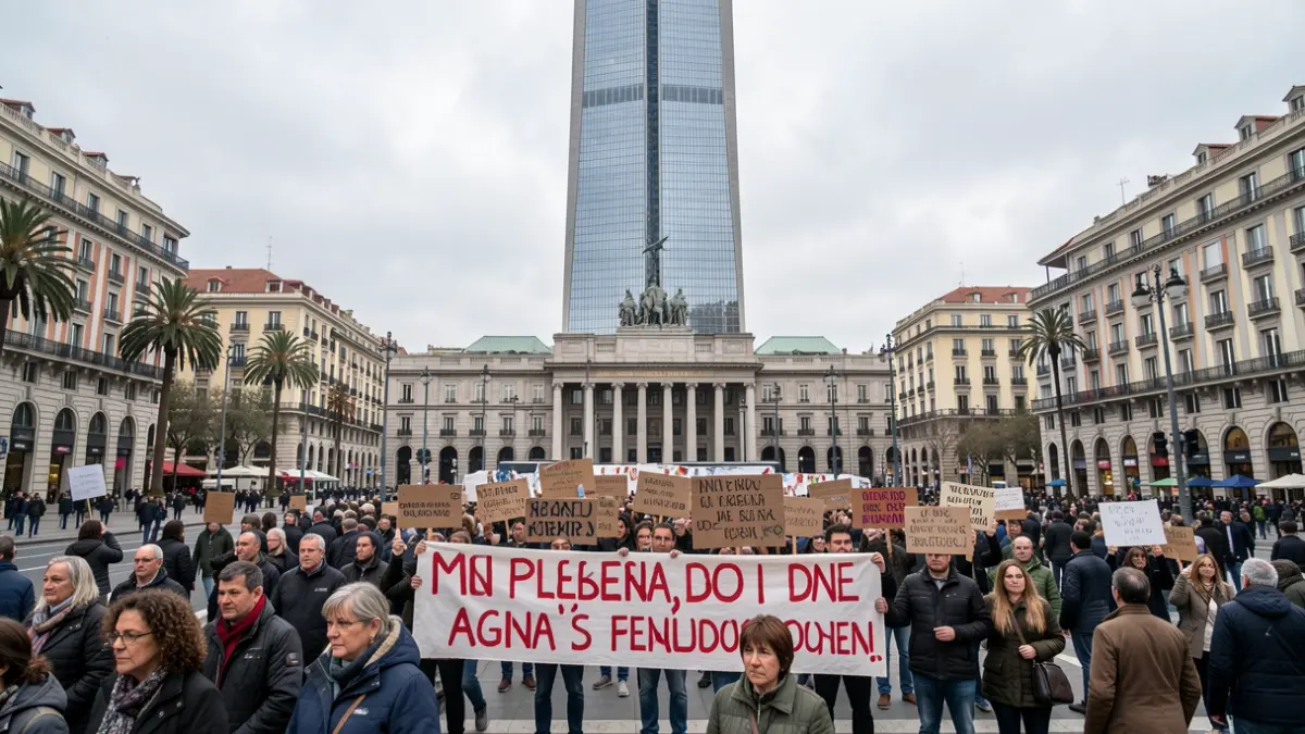 Protest by Port of Barcelona workers in front of the World Trade Center.