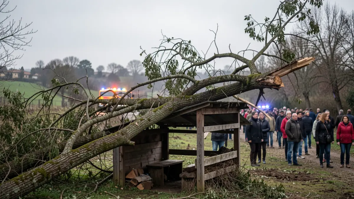 Un arbre caigut sobre un cobert a Batet de la Serra, Olot, amb serveis d'emergència.