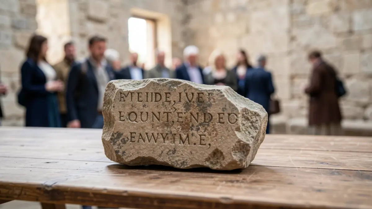 Fragmento de piedra con inscripciones antiguas hallado en una excavación arqueológica.