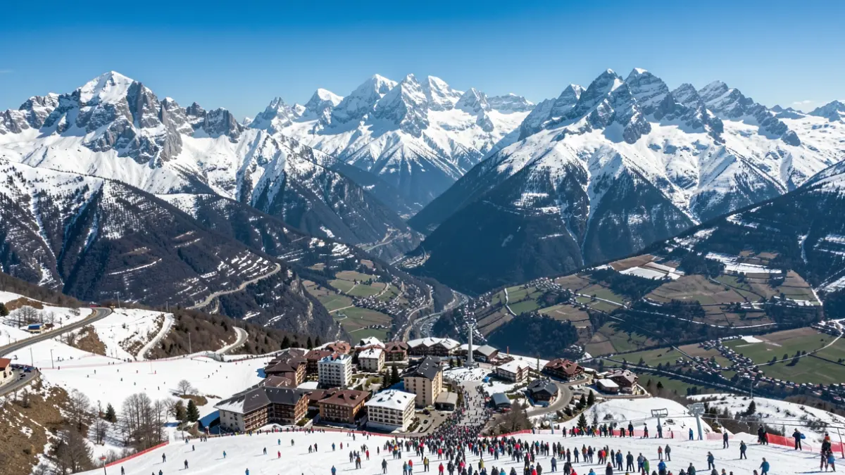 Aerial view of snowy Pyrenees mountains with a ski resort in the background.