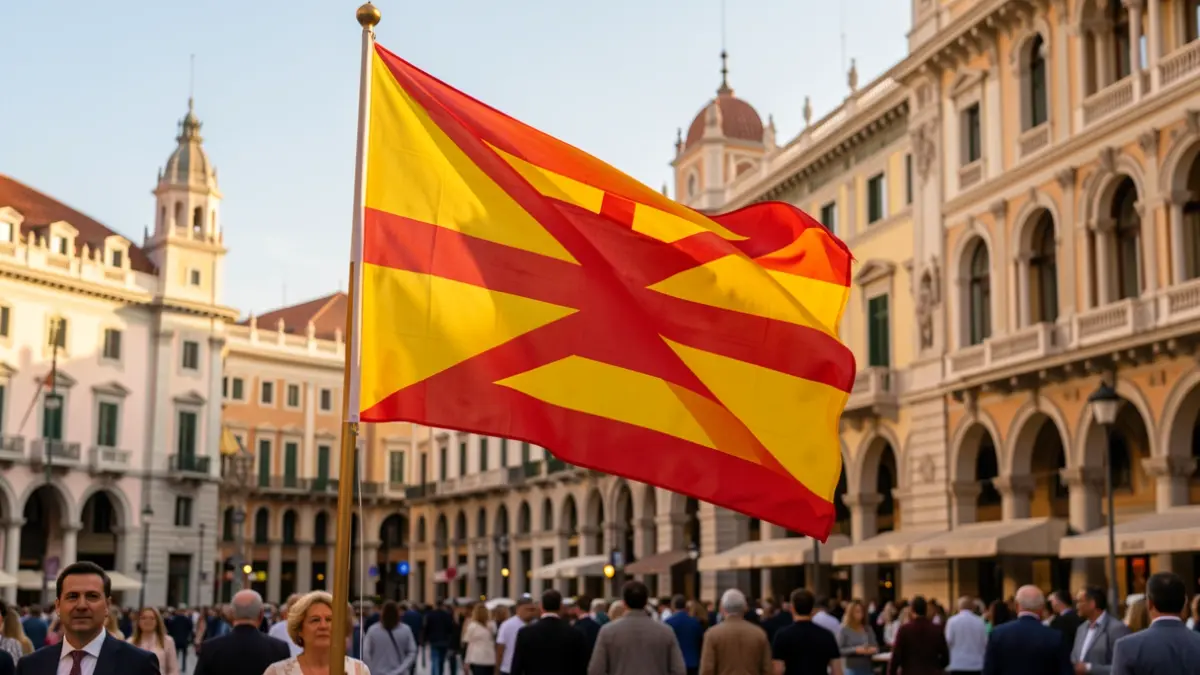 Imatge genèrica de la bandera catalana onejant davant l'arquitectura de Barcelona.