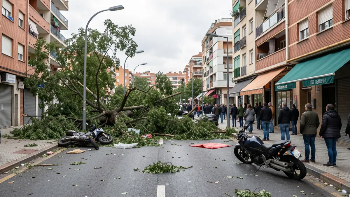 Imagen de una avenida de L'Hospitalet de Llobregat afectada por un reventón, con árboles caídos y mobiliario urbano dañado.