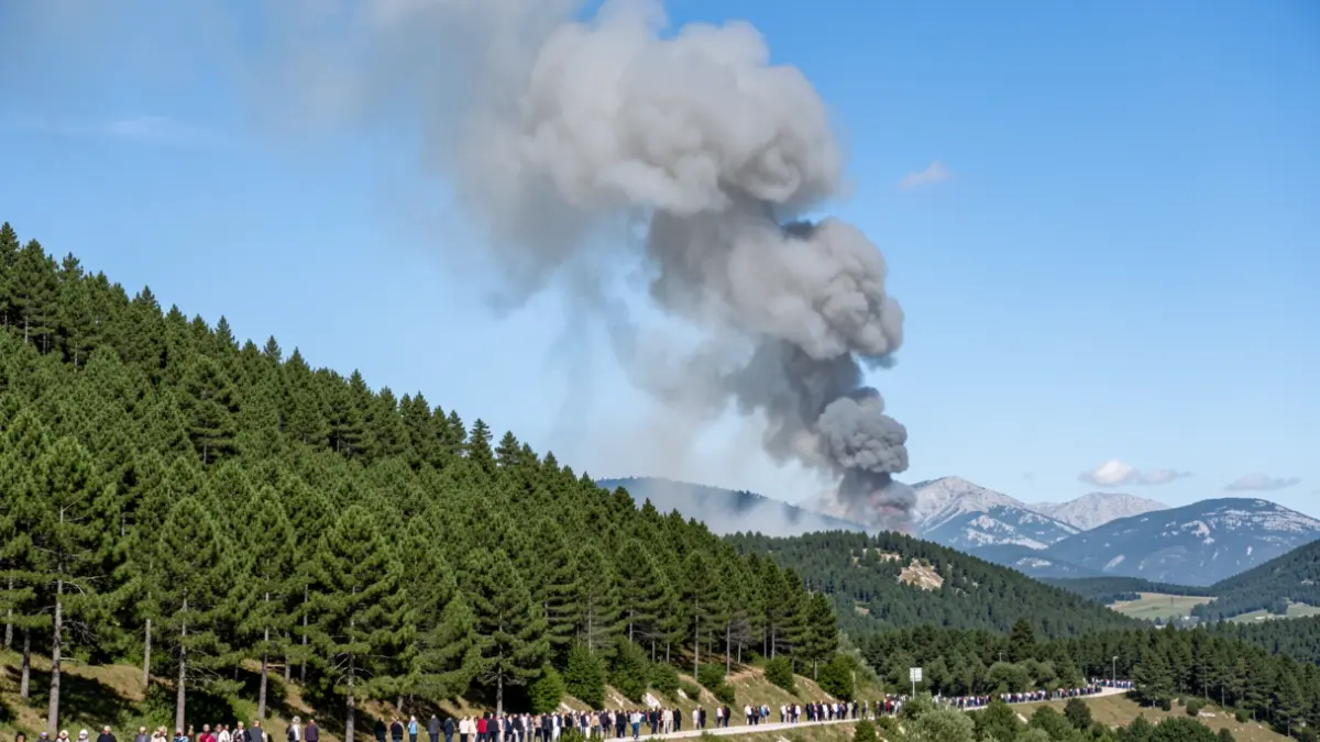 Image of a smoke column over a forested area in the Pyrenees.
