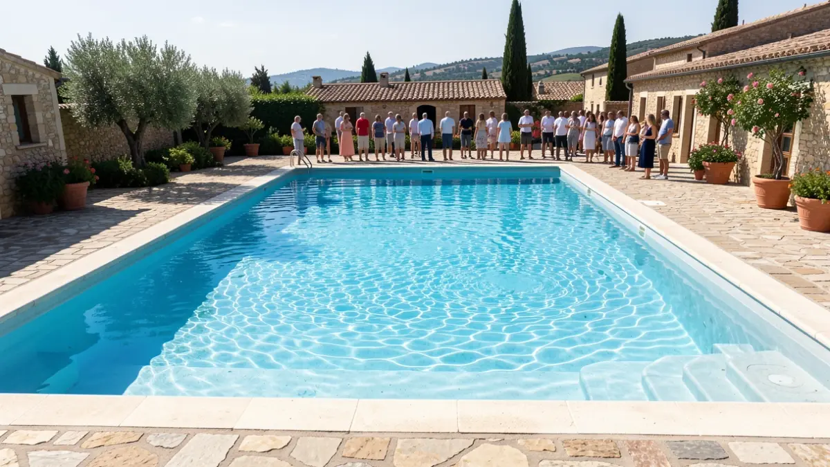 Generic image of a community swimming pool in a Mediterranean setting.