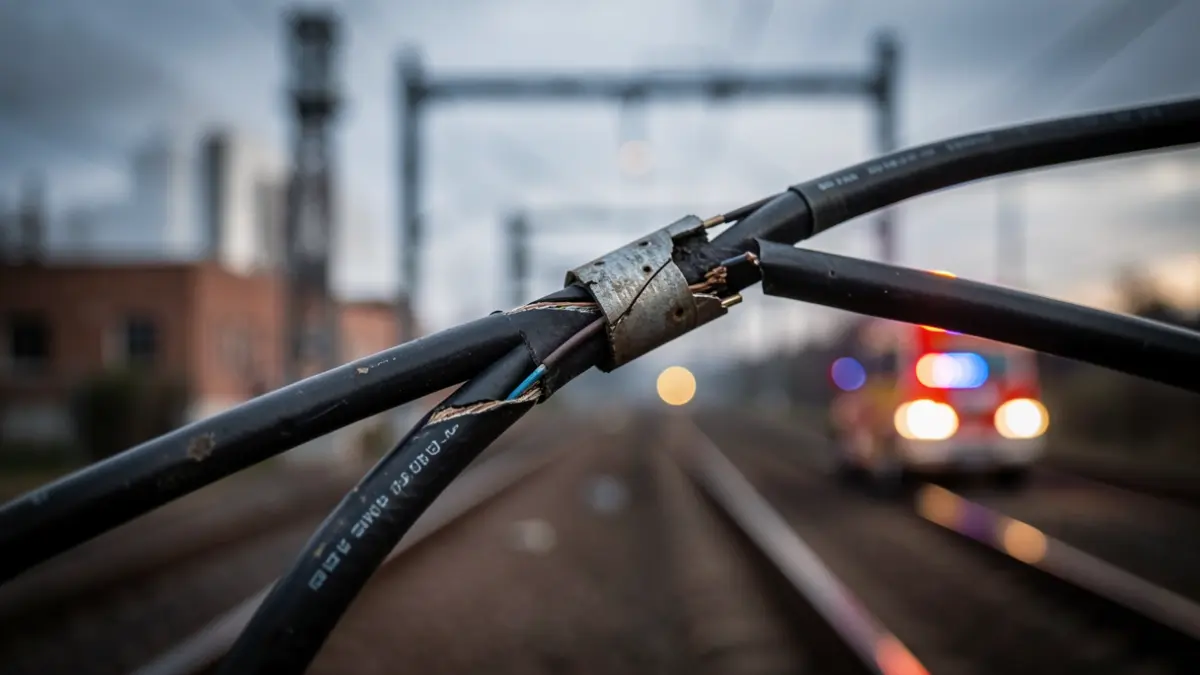 Detalle de un cableado eléctrico dañado en una catenaria ferroviaria.