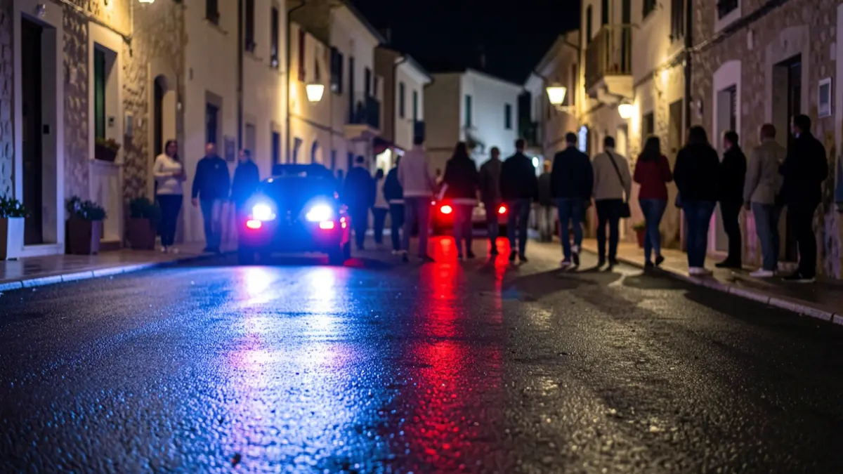 Generic image of police emergency lights reflected on asphalt.