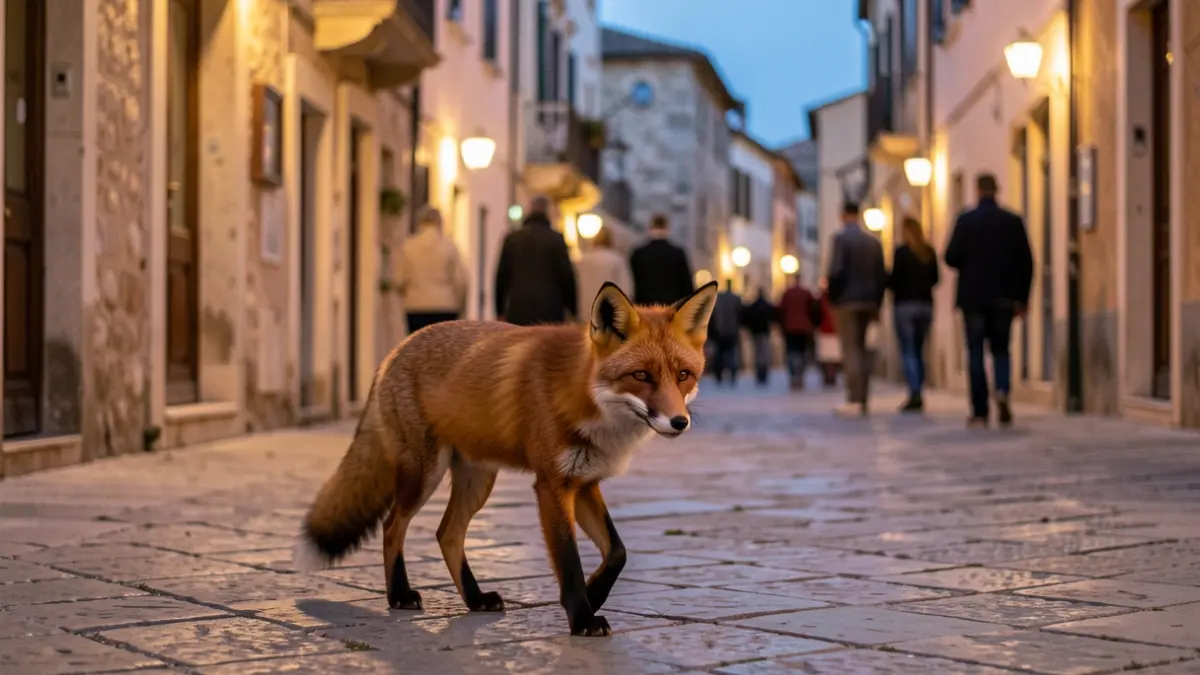 A fox walking along a cobblestone street in an urban area at dusk.