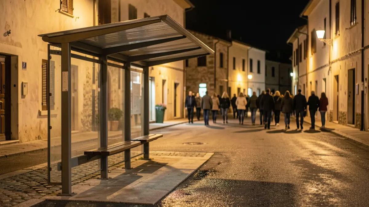 Generic image of a bus stop in an urban setting.