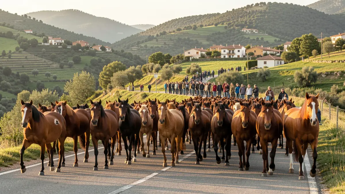 Caballos trashumando por una carretera del Pallars Sobirà.