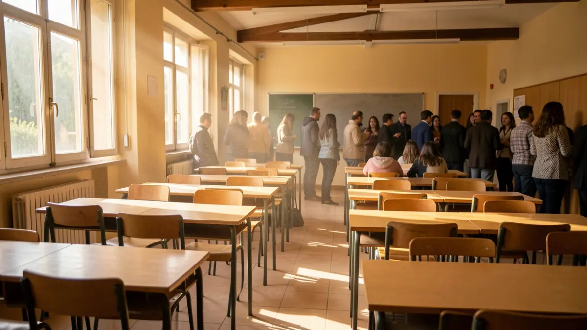 Imatge genèrica d'una aula buida amb llum del sol.