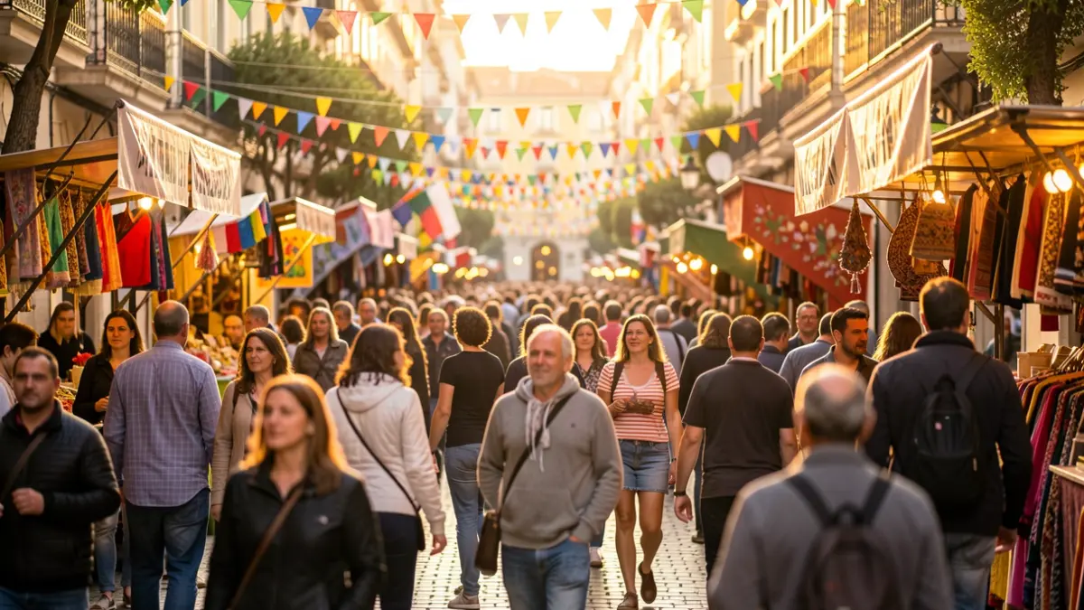 Generic image of a neighborhood festival in Barcelona with decorations and people.