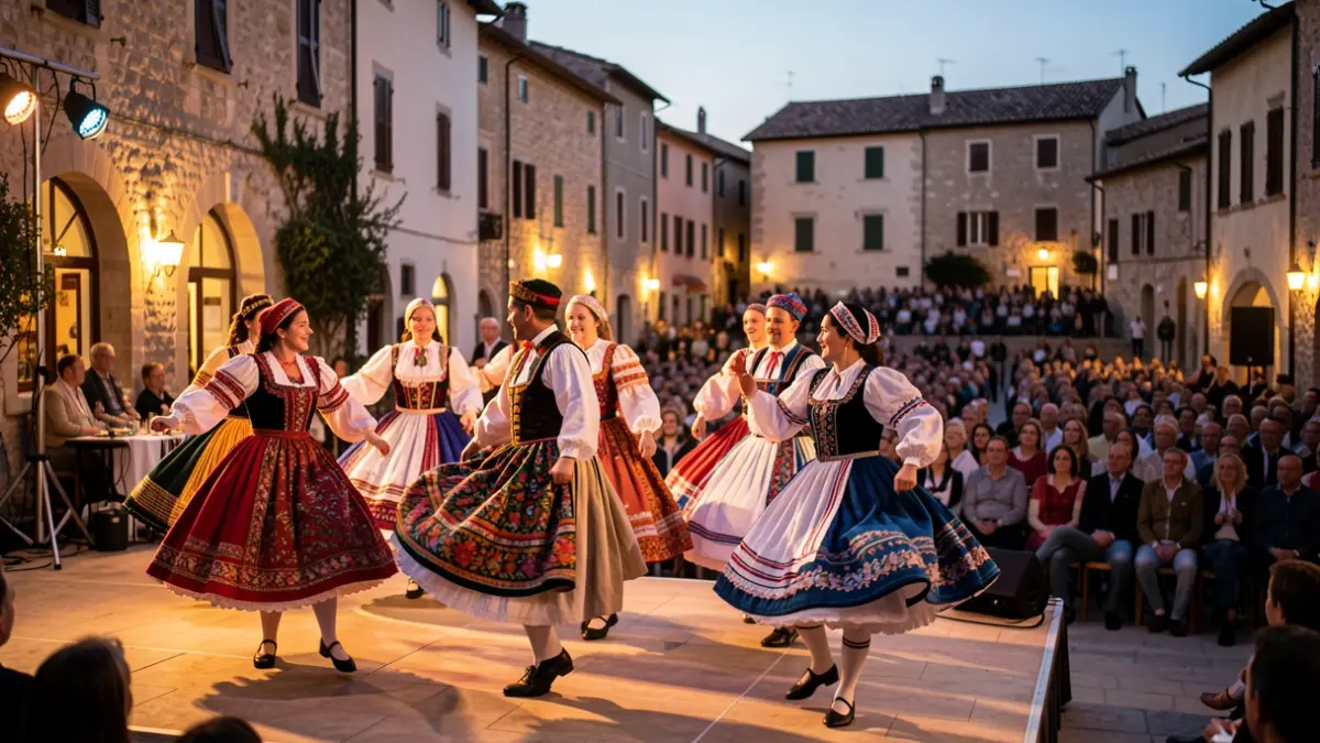 Folkloric performance in a Mediterranean town square at dusk.