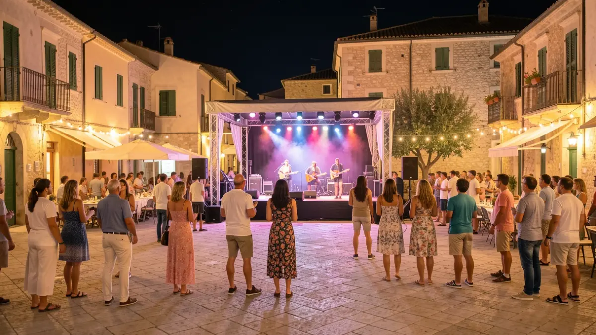 Summer night ambiance in a Valls square with a stage for cultural performances.