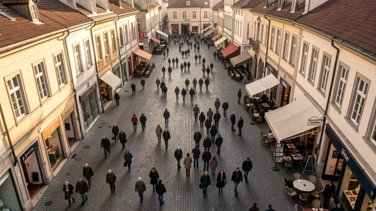 Vista aèria d'un centre històric amb locals buits i alguns comerços oberts.