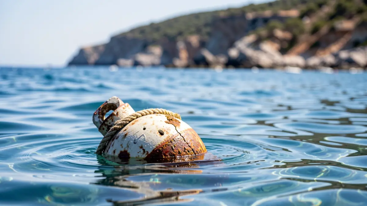 Damaged safety buoy half-submerged off the coast of Palamós.