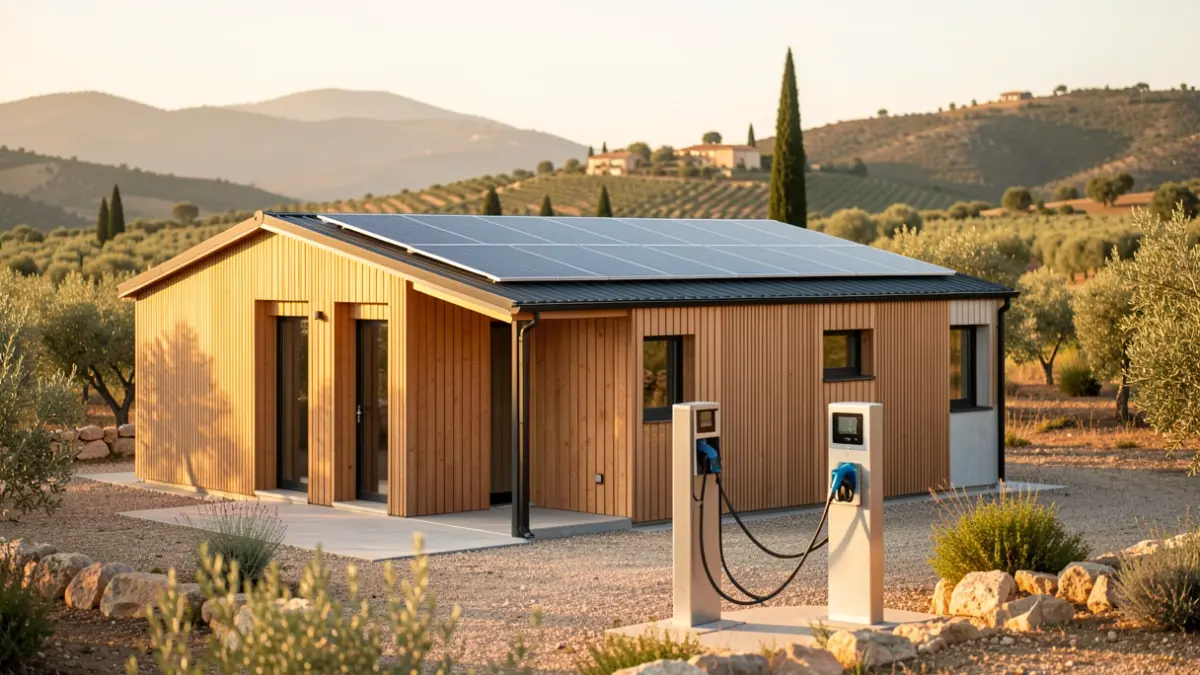 Edificio modular de consumo energético casi nulo con paneles solares y puntos de recarga para vehículos eléctricos.