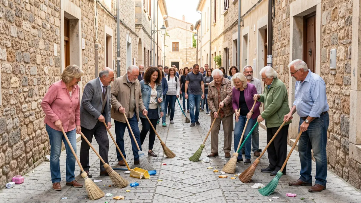 Veïns de Balaguer netejant els carrers del Centre Històric amb escombres i mànegues d'aigua.