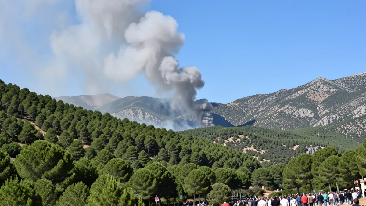 Columna de fum sobre el bosc de les Gavarres a causa de l'incendi forestal.