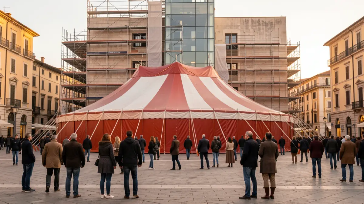 Circus tent in front of the Teatre Auditori Felip Pedrell under construction in Tortosa.