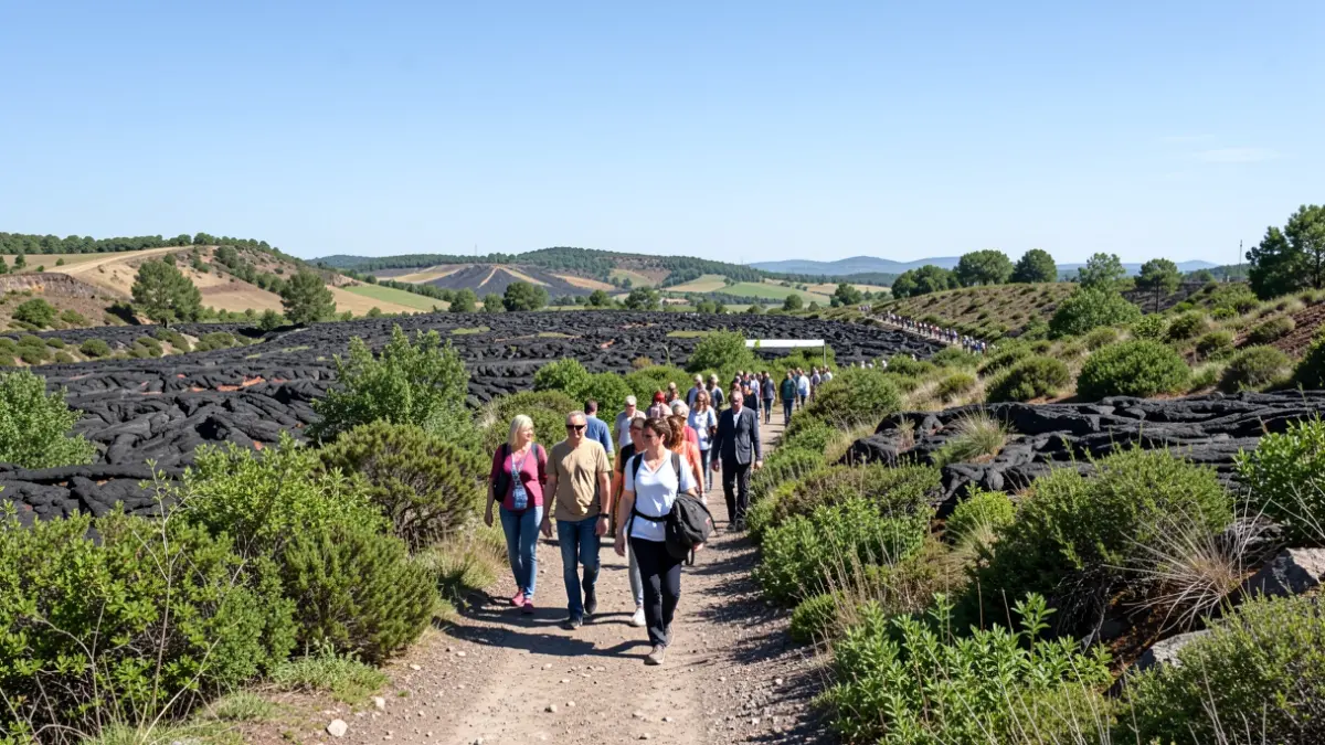 Grup de persones fent una excursió per un paisatge volcànic a la Garrotxa.