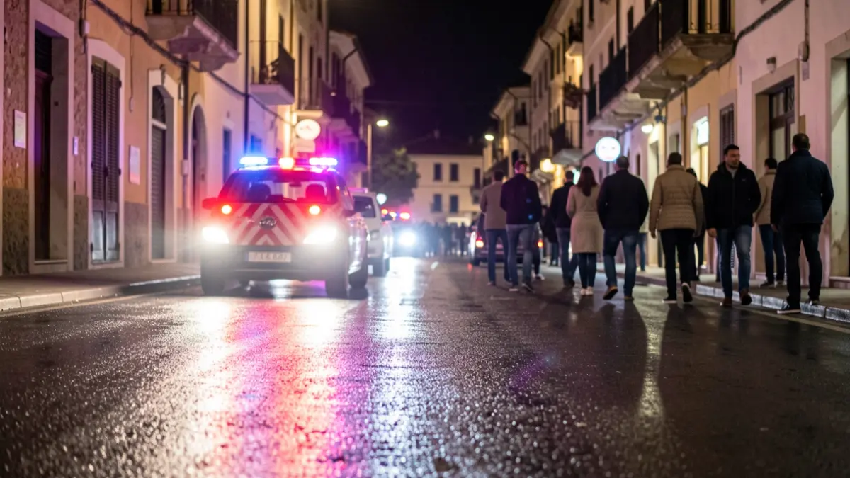 Generic image of emergency lights reflecting on wet asphalt at night.