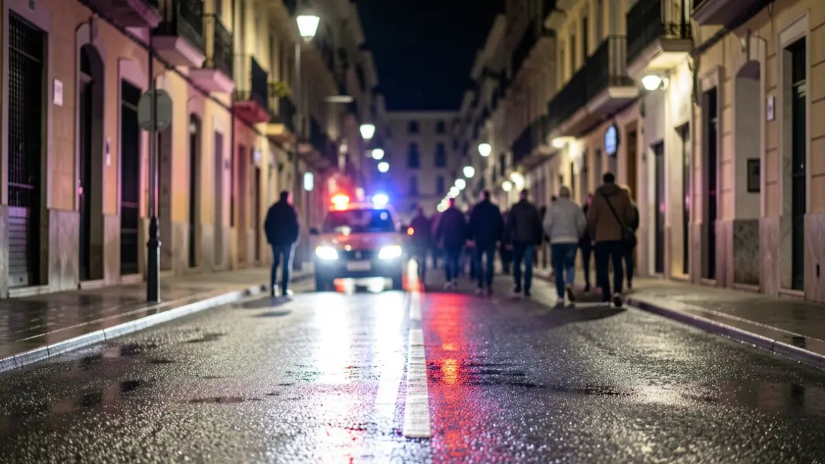 Generic image of emergency lights reflecting on wet asphalt at night.