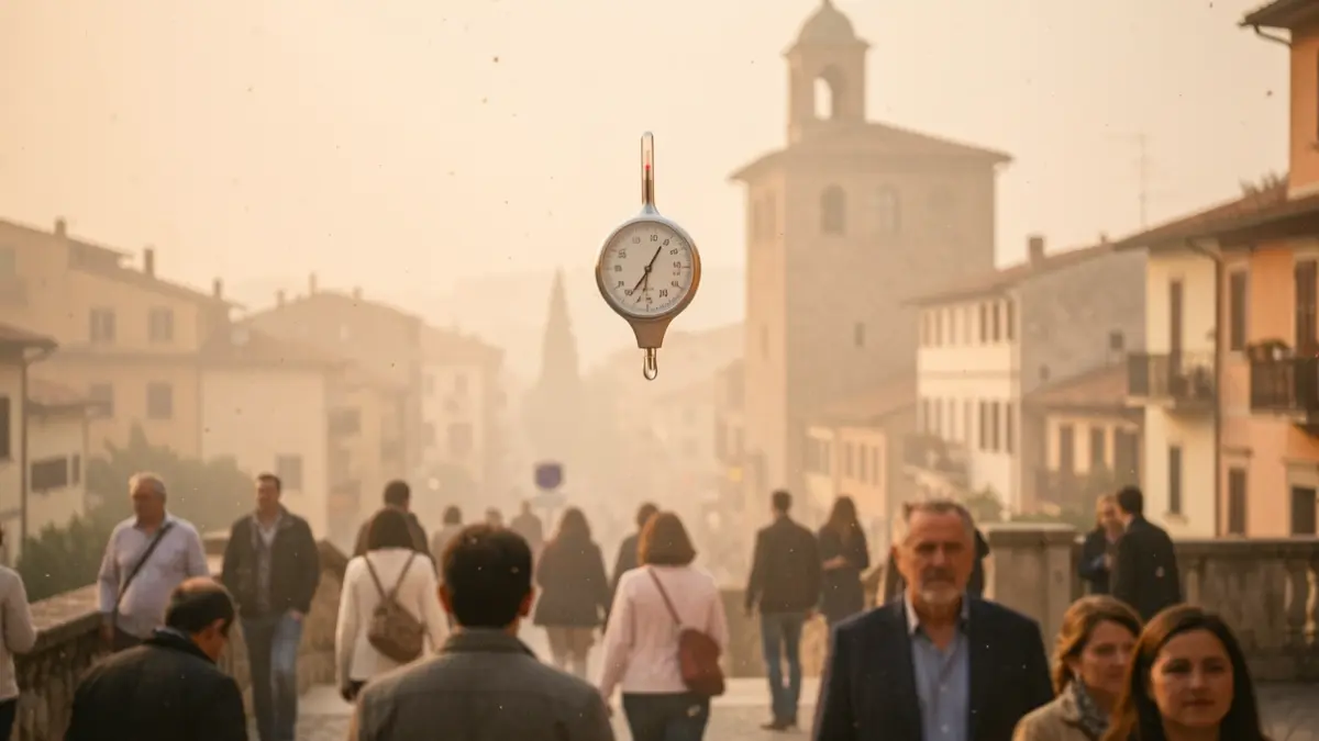 Imatge genèrica d'un termòmetre amb alta temperatura i ambient humit sobre una ciutat mediterrània.