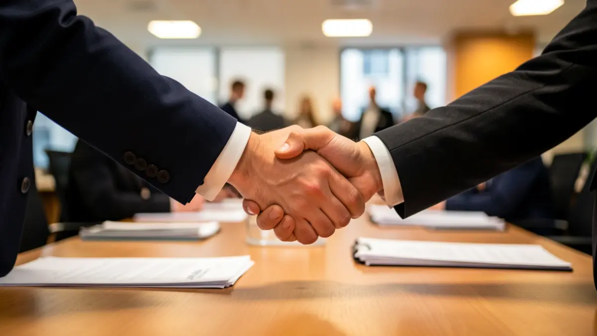 Imagen genérica de dos personas dándose la mano sobre una mesa de oficina.