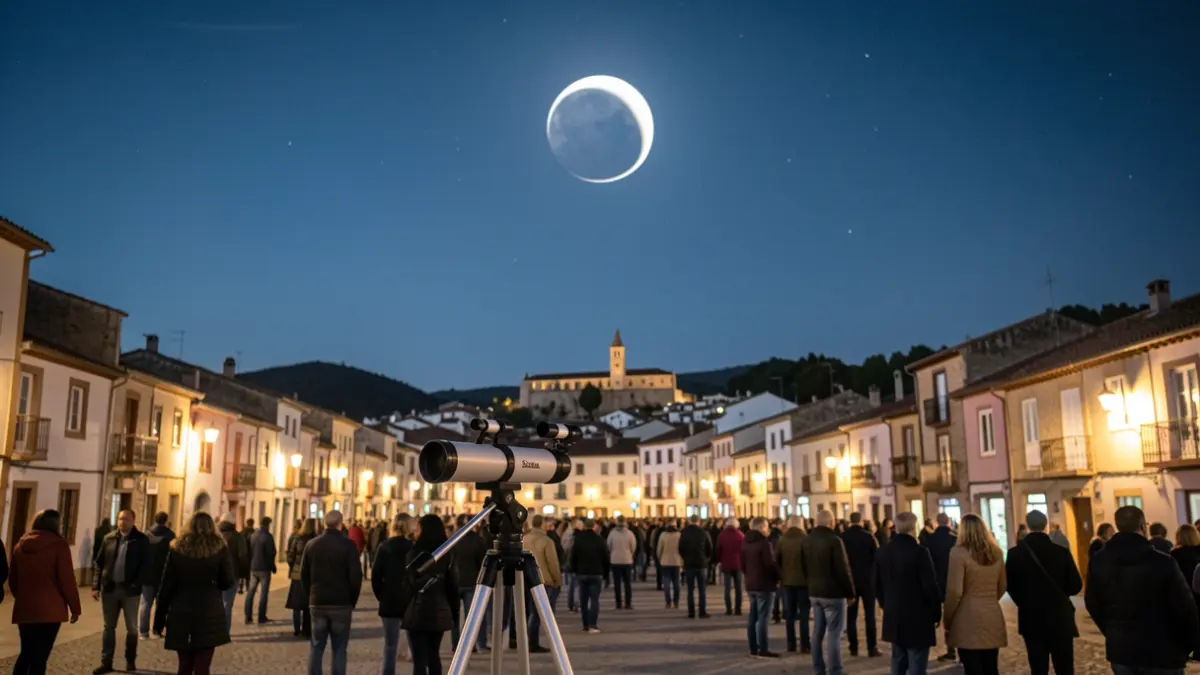 Generic image of a telescope observing a partial solar eclipse over the town of Valls.