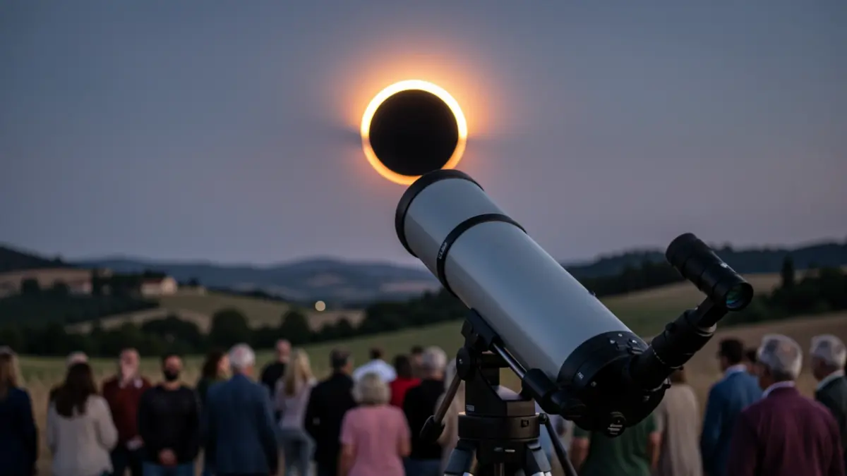 Càmera telescòpica enfocant un eclipsi solar sobre un paisatge català.