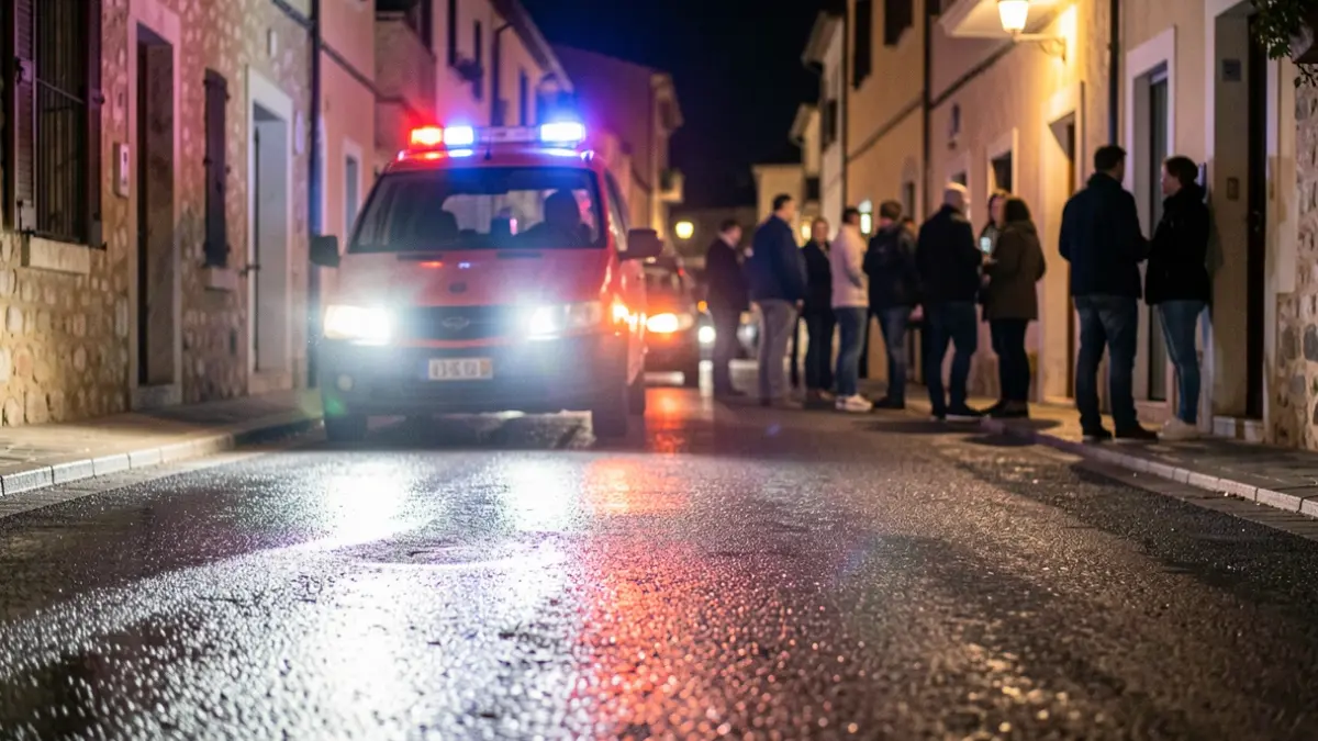 Generic image of emergency lights reflecting on wet asphalt at night.