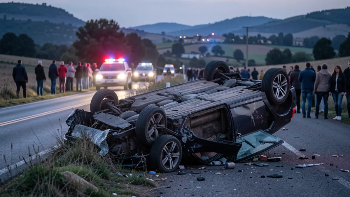 Image of an overturned car on the C-14 in Vilaverd with emergency services.