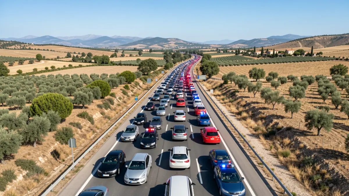 Aerial view of an accident on the AP-7 in L'Ampolla causing kilometers of traffic jams.