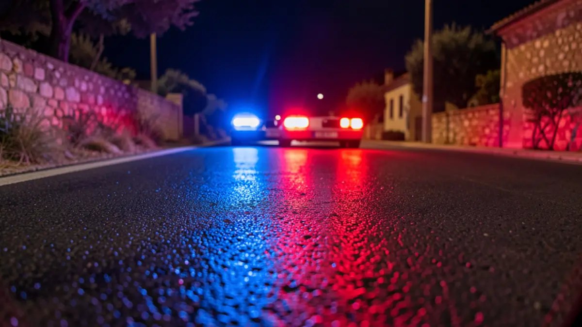 Imagen genérica de luces de emergencia reflejándose en asfalto mojado por la noche.
