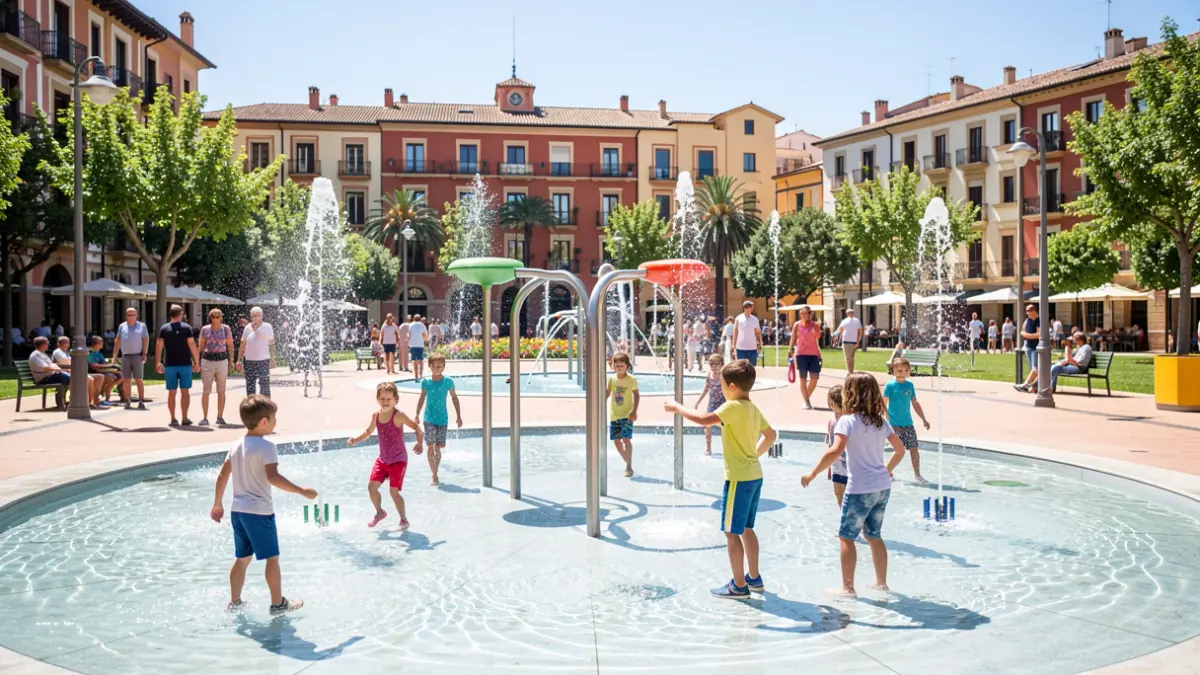 Children playing in a water play area in Barcelona.