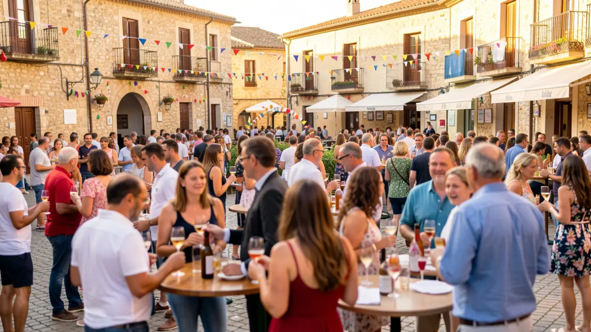 Imagen genérica de una fiesta mayor en un pueblo catalán con gente disfrutando de un vermut y bingo musical.