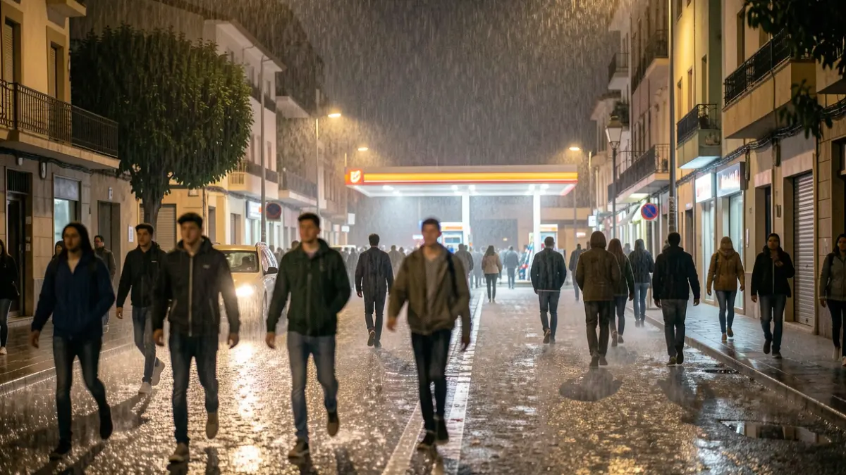 Young people walking in torrential rain towards a gas station in El Vendrell.