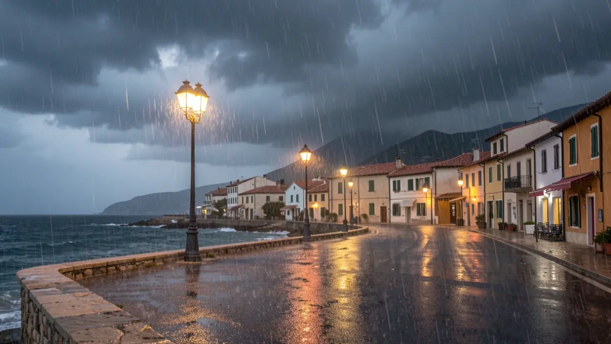 Imagen genérica de lluvia intensa sobre una ciudad costera mediterránea.