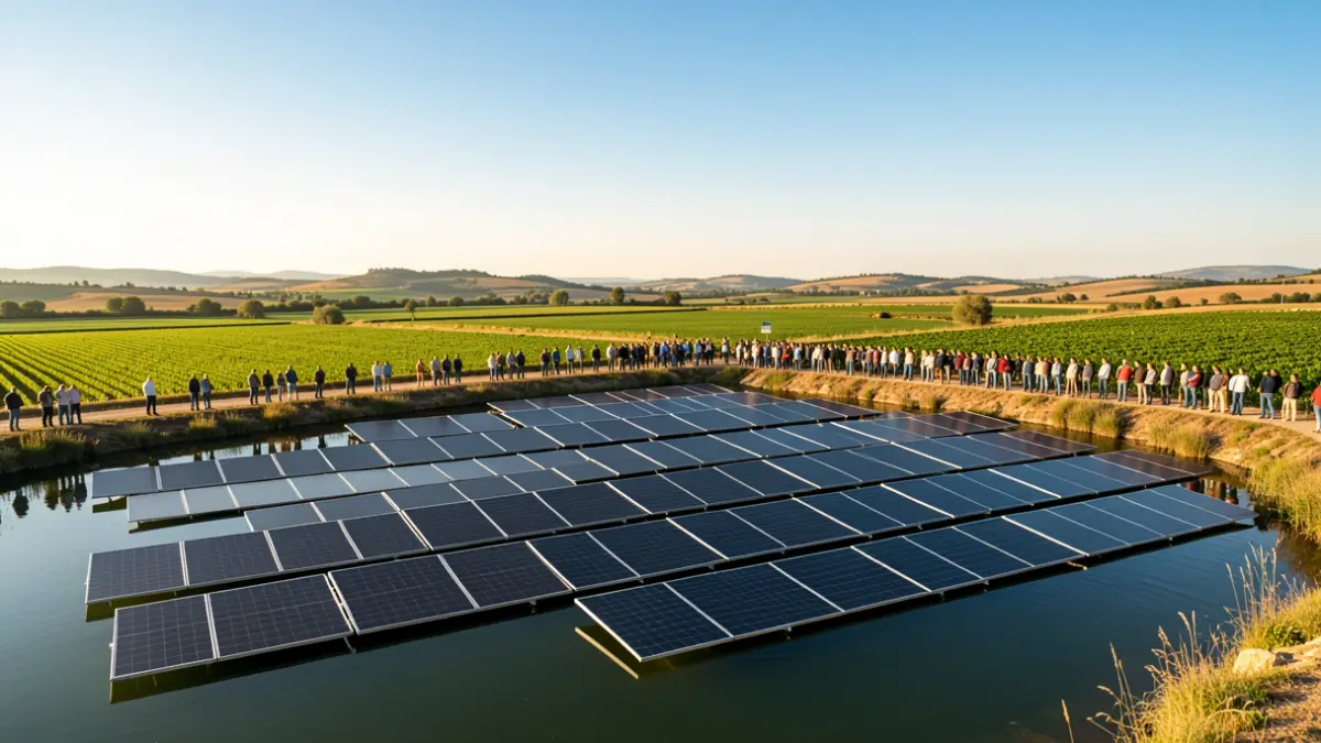 Imagen genérica de paneles solares flotantes sobre agua en un paisaje mediterráneo.