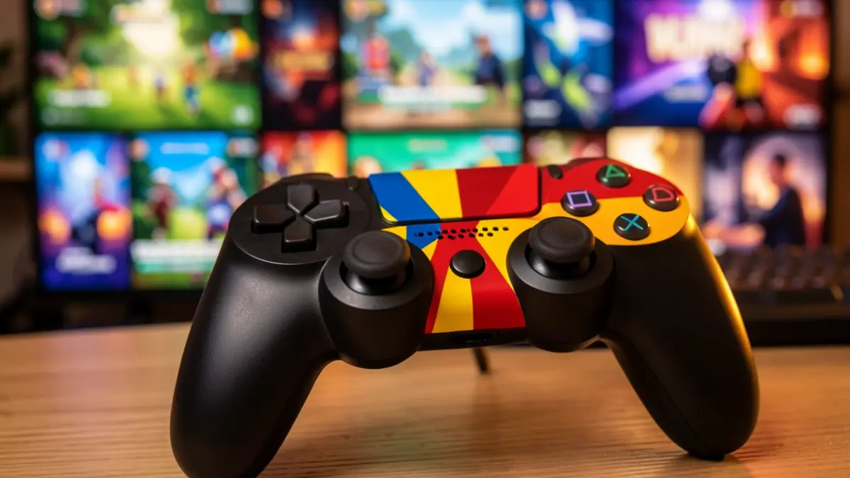 Close-up of a video game controller with the Catalan flag integrated, background of video game graphics.