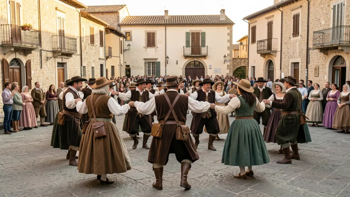 Grup de persones practicant una dansa tradicional a la plaça Nova d'Alcover.