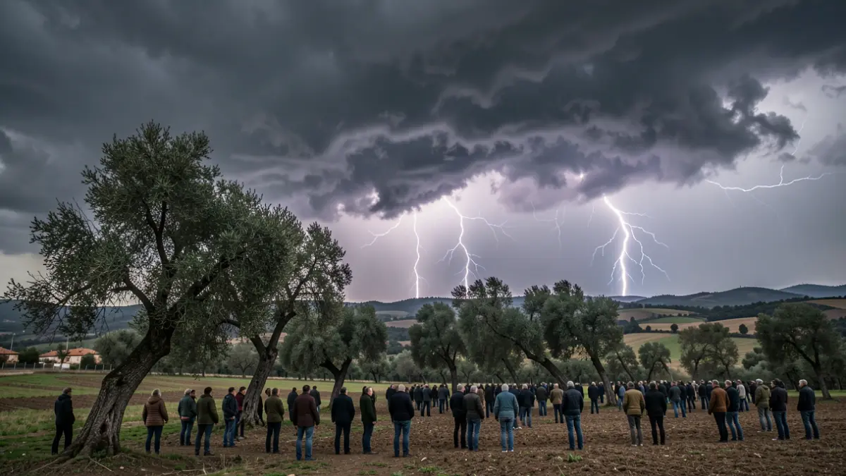 Cel amenaçador amb núvols de tempesta i llampecs sobre un paisatge rural català.
