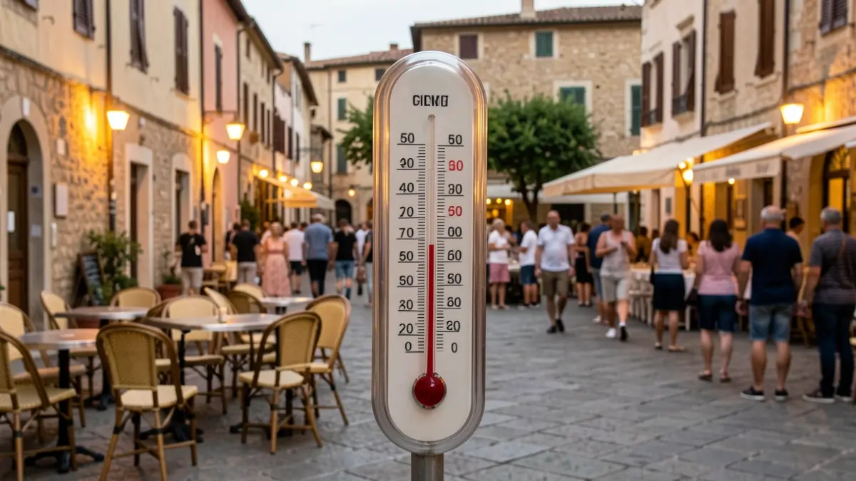 Thermometer showing extreme temperatures in a Mediterranean urban setting.